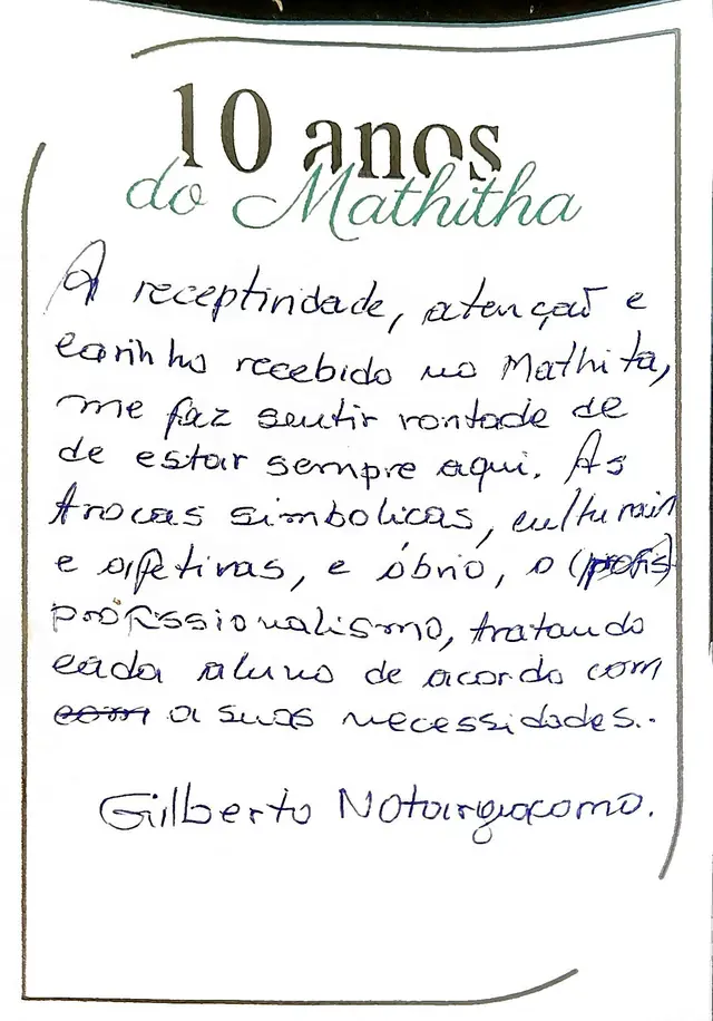 Bilhete original escrito à mão por Gilberto