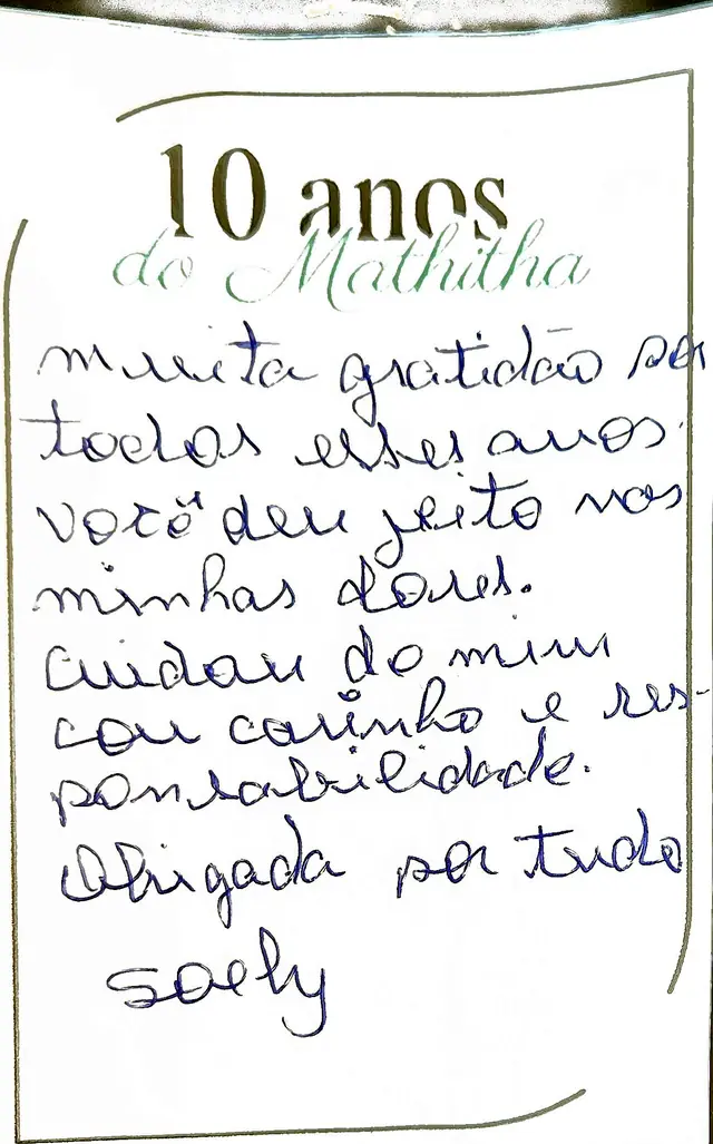 Bilhete original escrito à mão por Sely